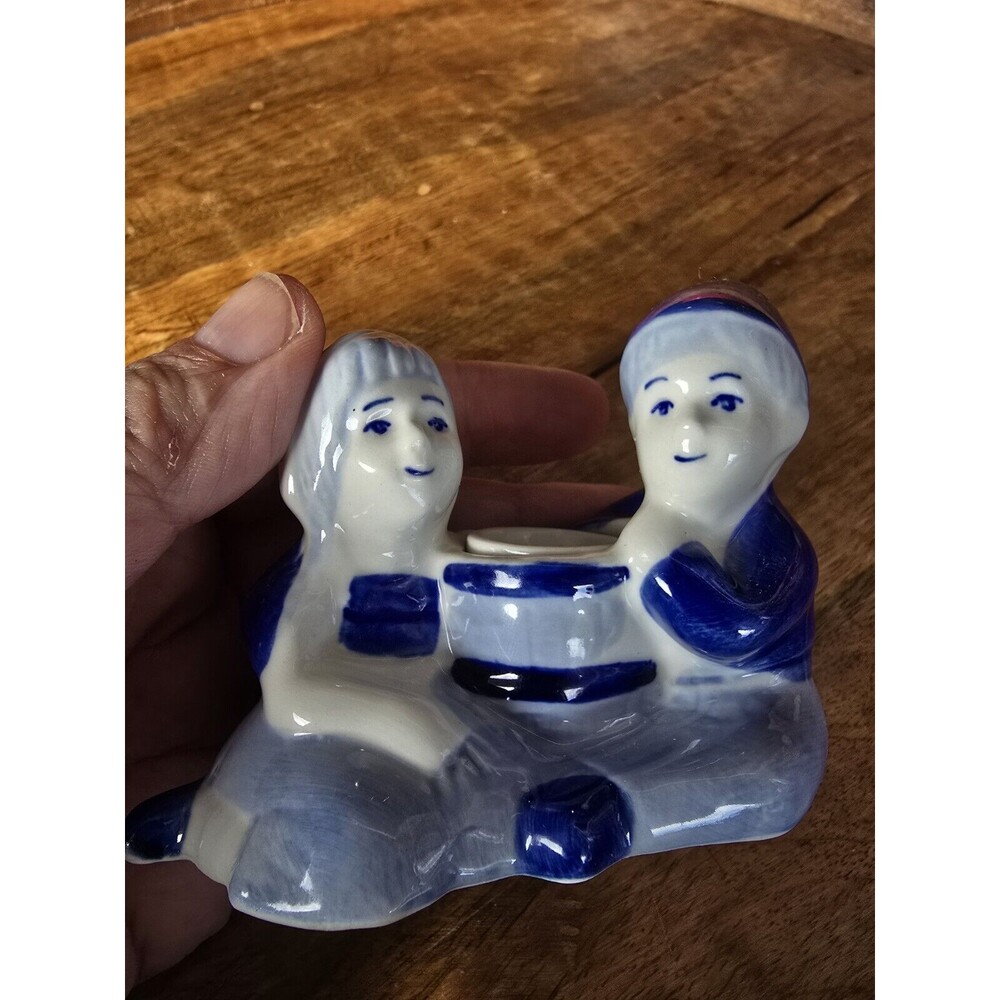 Delft Blue Candlestick Holder-Boy and Girl Handcrafted Marked 045008